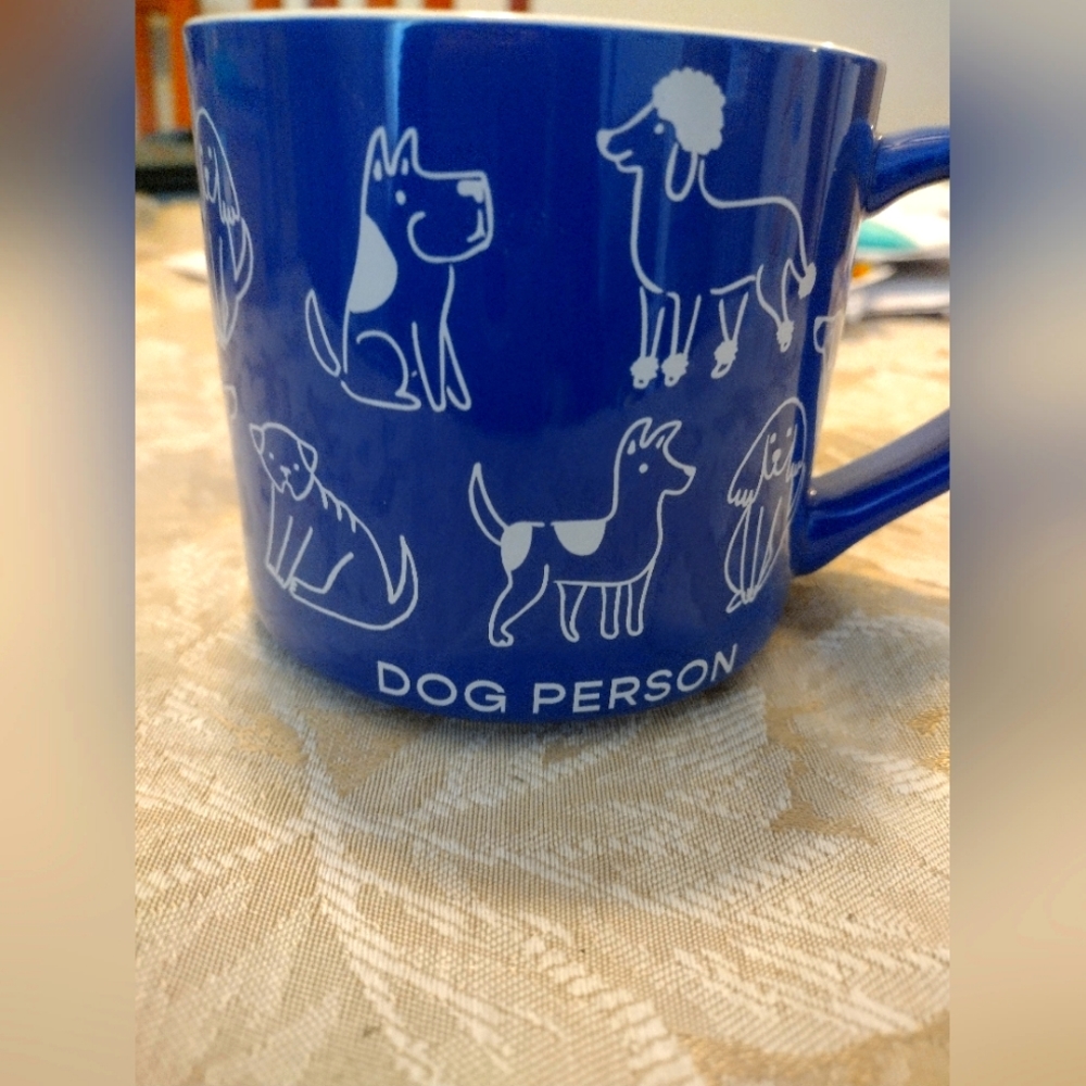 Parker Lane " dog person " mug in blue and white, ceramic